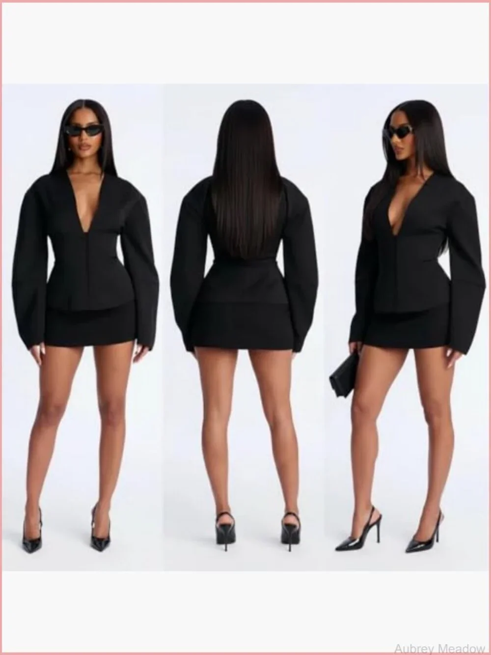 Padded Shoulder Deep V-Neck Button Blazer Slim Fit Suit Jacket